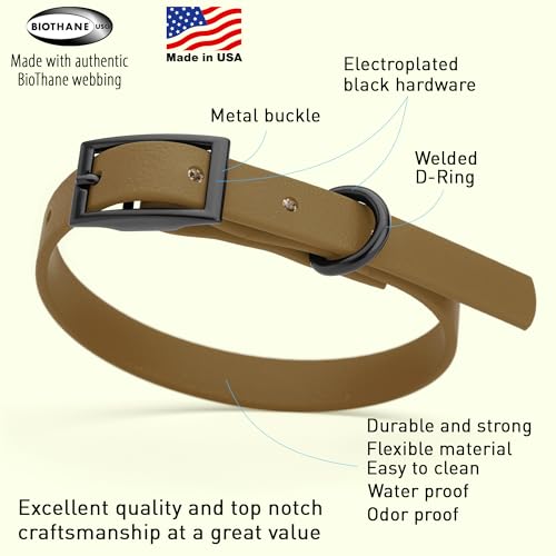 Biothane Waterproof Dog Collar Strong Coated Nylon Webbing with Black Hardware Odor (W1/2" x L9-12" / Coyote Brown)