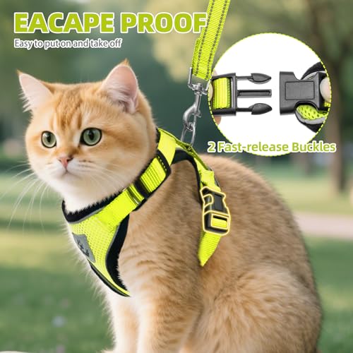 Cat Harness and Leash Set Escape Proof Reflective Cat Walking Harness Adjustable Soft Breathable Mesh Vest for Small Pets (S (NECK 9.5"-11", CHEST 13"-16") / Fluorescent Yellow)