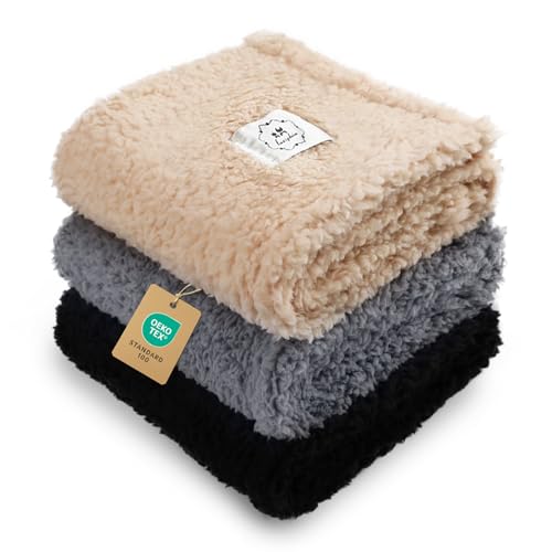 1 Pack 3 Calming Blankets Fluffy Premium Fleece Pet Blanket Soft Sherpa Throw for Dog Puppy Cat Beige (Small (Pack of 3) / Beige/Black/Grey)
