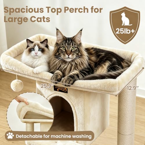 Cat Tree Tower Scratching Post for Indoor Large Adult Cats with Perch Bed (Beige / 28 Inches)
