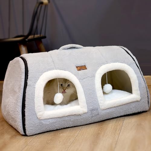 Cat Bed for Indoor Cats (Grey / Double hole bed:(27.5"×15.3"×15"))
