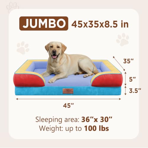 Orthopedic Dog Bed for Extra Large Dogs with Bolster (45.0"L x 35.0"W x 8.5"Th / Funfetti Fiesta)