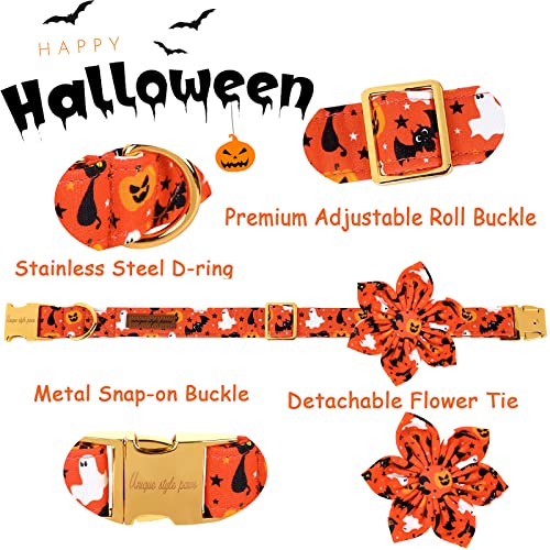 Halloween Dog Collar with Flower Tie Cotton Adjustable Puppy Collar for Small Medium Large Dogs (Extra Small / B-AHalloween)