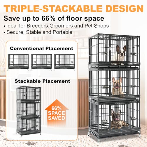 3 Pack Three Tier 37" Heavy Duty Stackable Dog Crate with Wheels (37"L x 22.5"W x 29.5"H - 3 Tiers - 3 Pack)