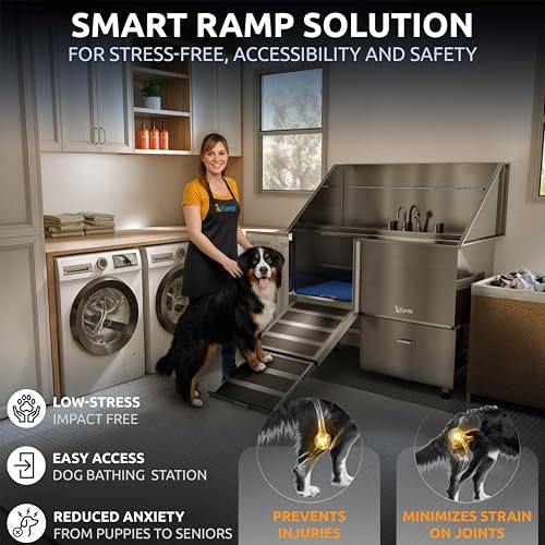 Professional Dog Washing Station 304 Stainless Steel Pet Wash Sink (Silver, Left Ramp, 1 Drawer / 50 Inches)