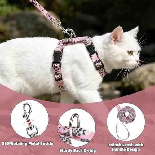 Adjustable Cat Harness and Leash Set Escape Proof Kitten Strap Collar for Walking Travel (Small / Pink(Leopard Print))