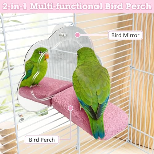 2 PCS Bird Perch with Mirror Resin Parakeet Perches Hanging Parrot Toys Interactive Bird Cage Accessories for Cockatiel Conure Lovebird Finch