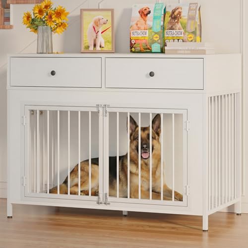 Large Dog Crate Furniture with 2 Drawers (White)