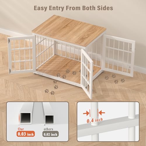 32" Heavy Duty Dog Crate Furniture for Small and Medium Dogs (White + Natural / 32.7"L x 23.6"W x 26.2"H)