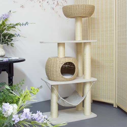 Wood Cat Tree for Indoor Cats (22.8"L x 15.7"W x 52.4"H)