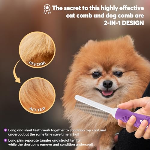 Detangling Pet Comb for Dogs & Cats with Long & Short Stainless Steel Metal Teeth for Removes Tangles and Knots