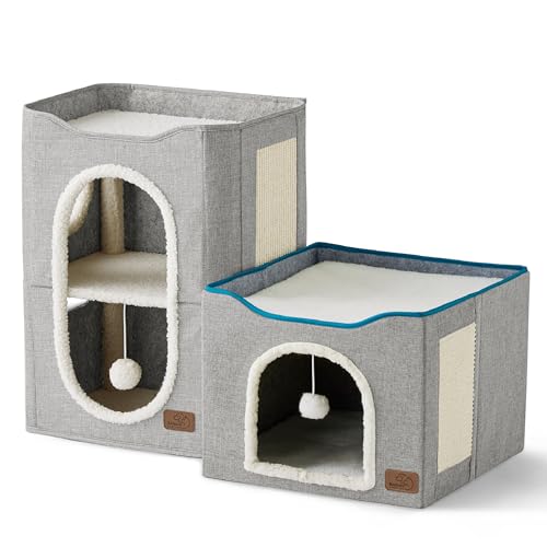 2 Story Cat House for Indoor Cats with Scratch Pad (Grey / Double)