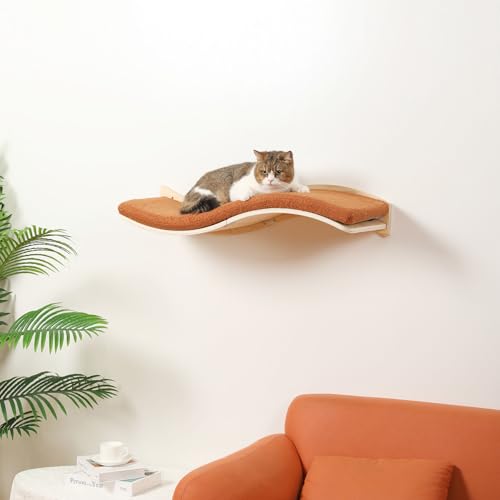 Cat Wall Shelves for Large Cats (Wood Shelf+Brown Cushion)