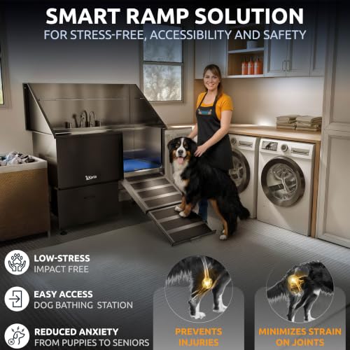 Professional Dog Washing Station 304 Stainless Steel Pet Wash Sink (Black, Right Ramp, 1 Drawer / 50 Inches)