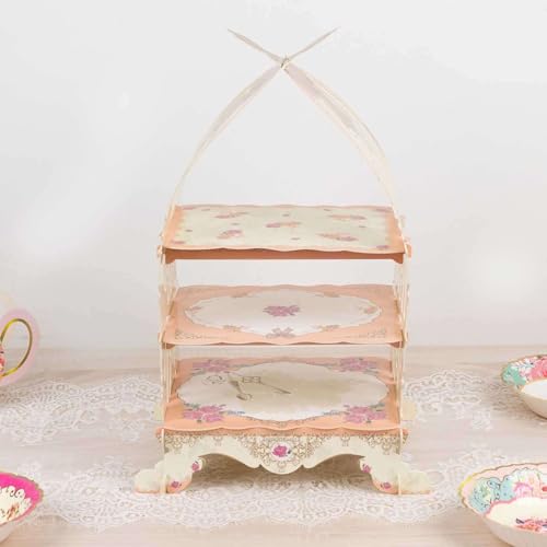 Efavormart 3 Tier White Peach Birdcage Cardboard Cupcake Stand with Floral Print (3-Tier 18" Bird Cage / White Peach)
