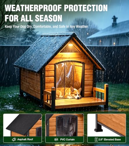 Dog House Outdoor Weatherproof with Iron Frame and Asphalt Roof