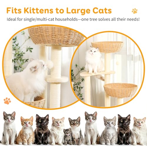 52 Inch Modern Cat Tree for Large Cats with Three Woven Basket Beds (2)