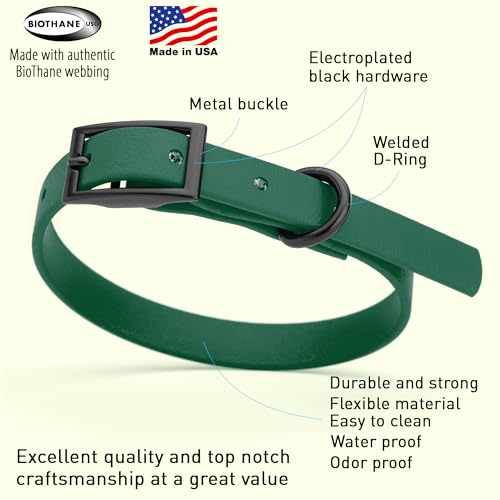 Biothane Waterproof Dog Collar Strong Coated Nylon Webbing with Black Hardware Odor (W1/2" x L9-12" / Hunter Green)