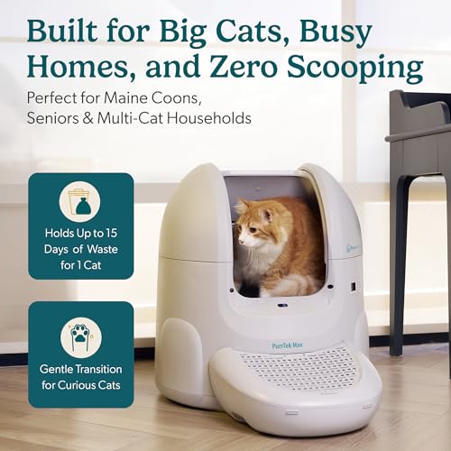 PurrTek Max Self Cleaning Litter Box for Multiple Cats Automatic Cat Litter Box XL 65L 5 Safety Sensors Ultra Quiet 30