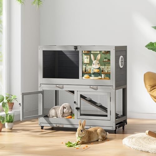 2 Story Wooden Rabbit Hutch for Outdoor & Indoor