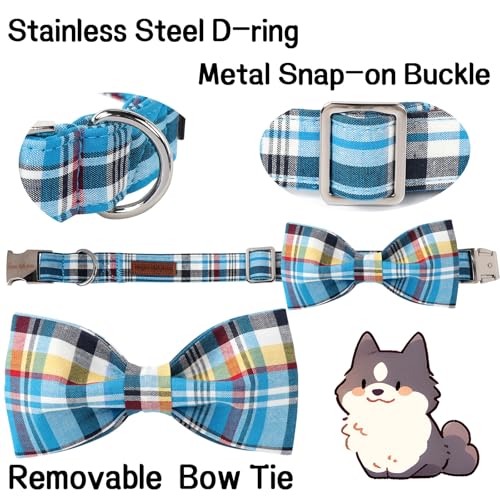 Plaid Dog Collar with Bow Pet Gift Adjustable Soft and Comfy Bowtie Collars for Small Medium Large Dogs (X-Large / blue plaid)