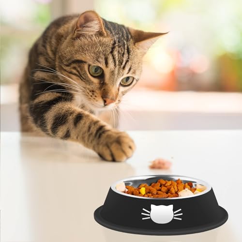 2 Pcs Non Slip Stainless Steel Small Cat Food Bowls (Black / 7 oz)