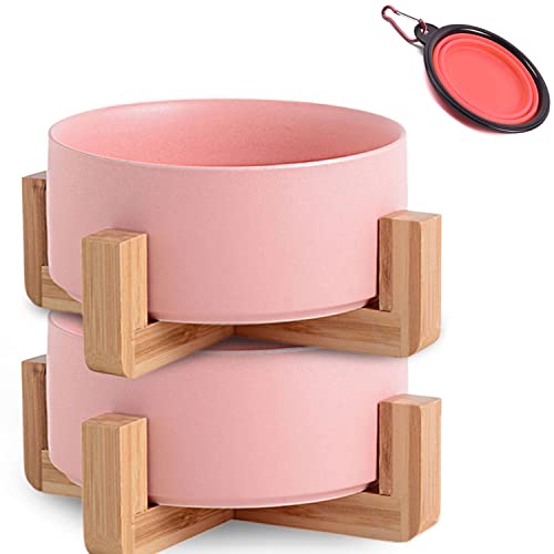 Pink Ceramic Dog Cat Bowl Set with Stand (Pink / Medium Size Dog Bowls 850ML*2)