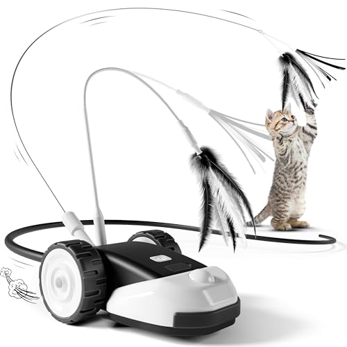 3-in-1 Interactive Cat Toy - 2-Speed Automatic Moving Mouse Cat Toys Self Play with 2pcs Hanging Feather String Ribbon and Wiggly Silicone Mice Tail for Bored Indoor Adult Cats Kittens (Black)
