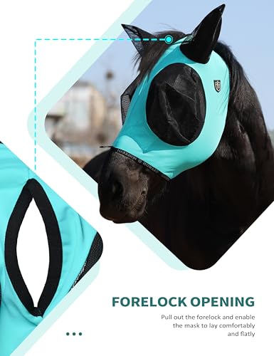 Horse Fly Mask with Forelock Opening Stretch Breathable and Comfortable for Horses UV (Turquoise Green / L)