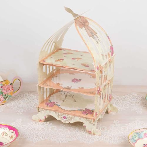 Efavormart 3 Tier White Peach Birdcage Cardboard Cupcake Stand with Floral Print (3-Tier 18" Bird Cage / White Peach)