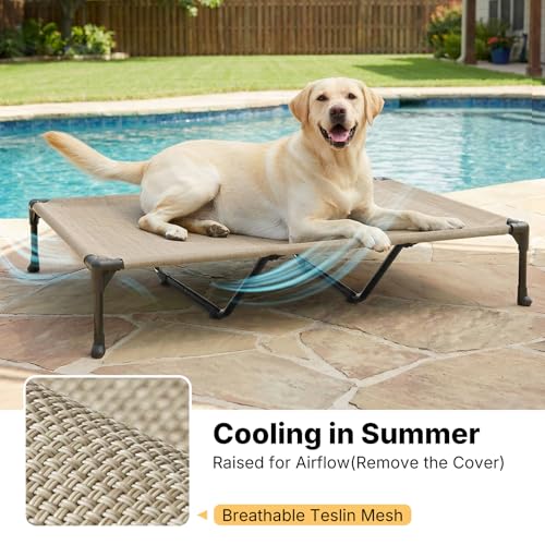 Outdoor Elevated Dog Bed with Waterproof Bolster Cushion (Beige Coffee / 59.0"L x 37.5"W x 9.0"Th)