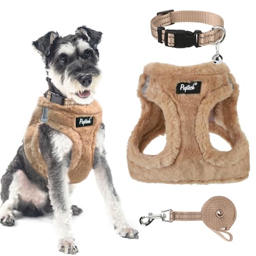 Dog Harness Collar and Leash Set No Pull for Small Medium Sized (Plush Khaki / S (CHEST 14.5"-16"))