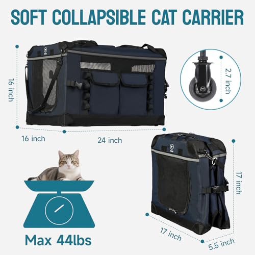24 inch Rolling Extra Large Cat Carrier with Wheels (Navy Blue)