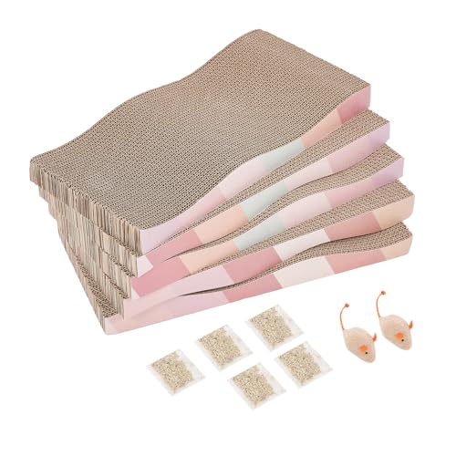 Cat Scratching Pads Cardboard Cat Scratchers for Indoor Cats Reversible Large Wide Corrugated with Catnip and Mini Toy (5-Pack)