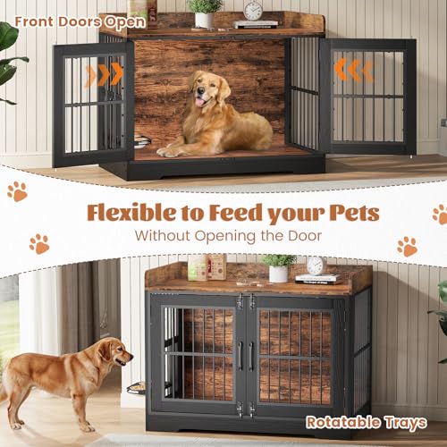 46" Dog Crate Furniture with Rotating Tray for Large Dogs Up to 55 lbs (Black / America Large)