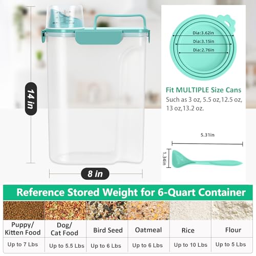 Pet Dog Cat Food Storage Container 5 to 7 lbs with Can Cover and Mixing Spoon (Cyan 6Qt)
