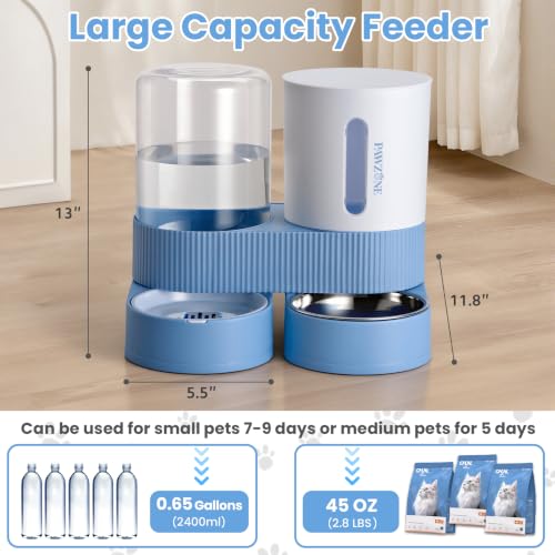 Automatic Cat Feeder Stainless Steel Water Dispenser Gravity Food Feeder and Waterer Set with Pet Food Bowl for Small Medium Kitten Puppy Pets Large Capacity (Blue)