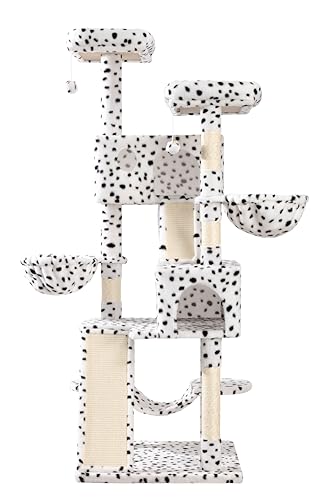 65in Multi Level Large Cat Tree Tower for Indoor Kitties (White & Black Spot)