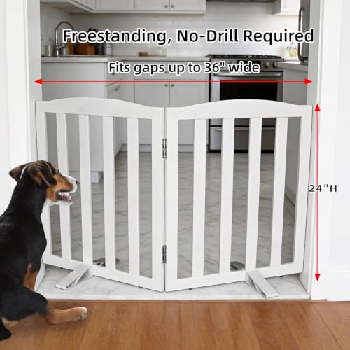 Foldable Freestanding Indoor Dog Gate for House Wood White Long Pet Gates Dog Fence for Stairs Puppy Gates for Hallways (White / 【2 Panels】40''w X 24''h)