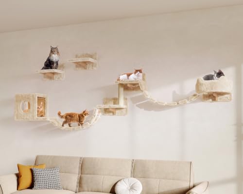 9-in-1 Cat Wall Shelves, Cat Wall Furniture Set with Bridge, Beige (Beige / 9-in-1)