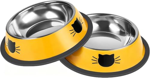2 Pcs Non Slip Stainless Steel Small Cat Food Bowls (Yellow / 7 oz)