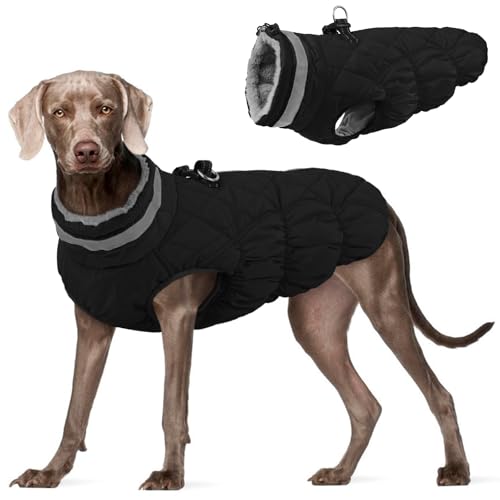 Dog Winter Coat Fleece Warm Large Dog Coat with Harness Built in (Solid Black / XXL(chest:35in))
