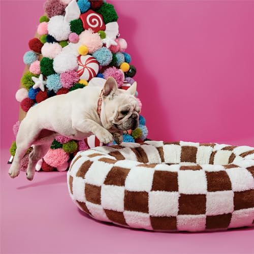 Shown on TV Jacquard Donut Cute Small Dog Beds (23.0"L x 23.0"W x 7.0"Th / Brown Checks)