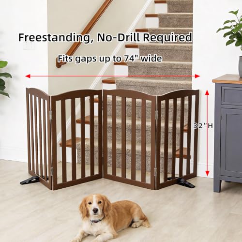 Foldable Freestanding Indoor Dog Gate for House Wood Long Pet Gates Dog Fence for Stairs Puppy Gates for Hallways (Brown / 【4 Panels】80''w X 32''h)