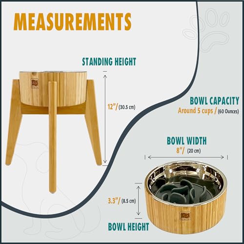 Slow Feeder Dog Bowl for Large Dogs (Height: 12", Slow Feeder Bowl: 8" / Bamboo-SF12)