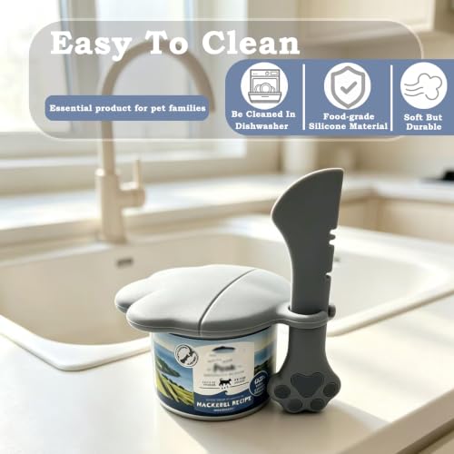 3 Pcs Cat Food Can Covers & One Can Opener (Cat Paw / Grey)