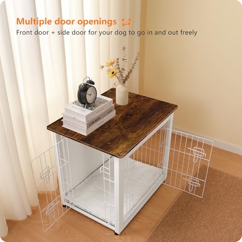 27" Dog Crate Furniture (White+Rustic Brown / 27.2"L x 20.1"W x 23.6"H)