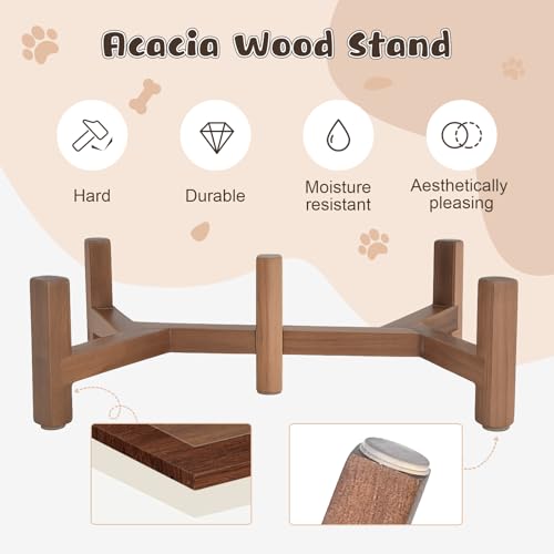 Ceramic Elevated Dog Bowl Set with Acacia Wood Stand for Food and Water for Cats and Small Dogs (13.52 Oz / Dog Paw White)