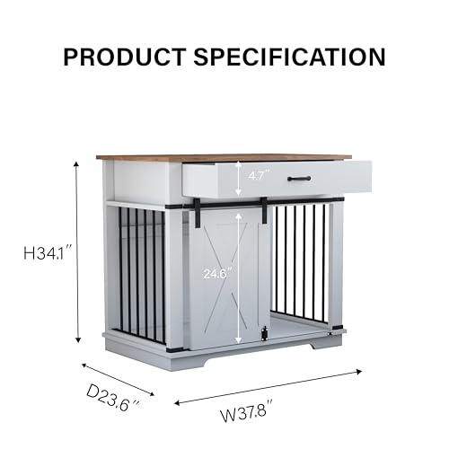 37.8'' Dog Crate Furniture with Storage Drawer (White)