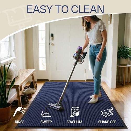 Front Door Mat Outside Entrance (Blue Striped / 3' x 10' (Rectangular))